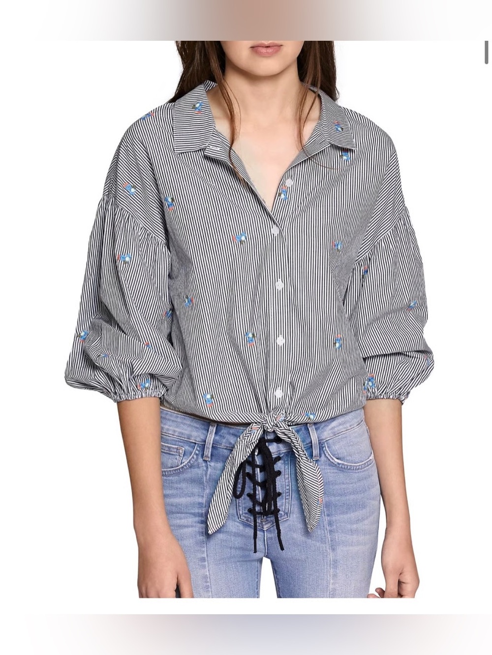 Sanctuary Clover Embroidery Cropped Tie Shirt